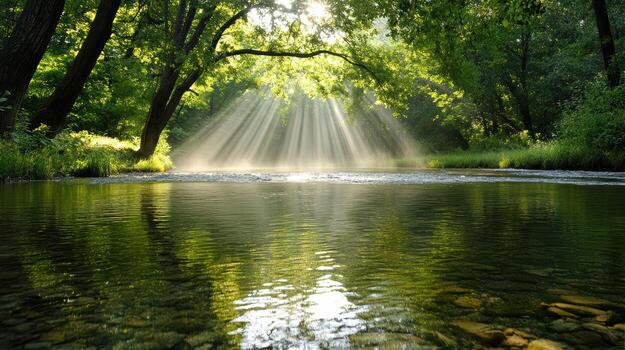 Sunbeams shine through the trees over a river photo