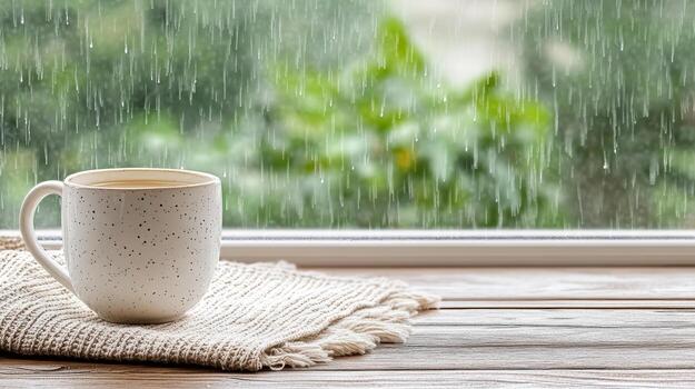 Coffee mug on window sill in the rain photo