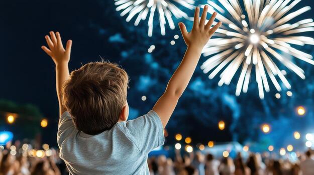 A child is holding up his hands in front of a fireworks display photo