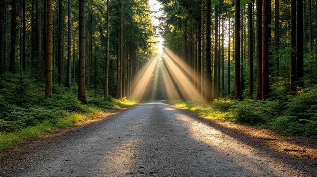 Sunbeams shining through trees on a road in the forest photo