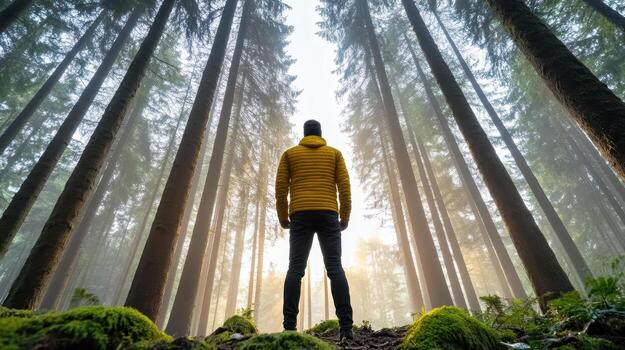 A man standing in the middle of a forest photo