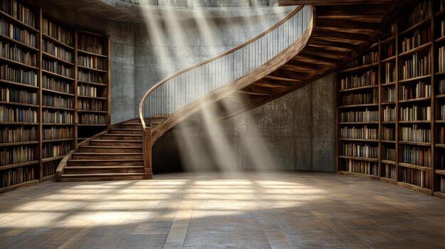 A staircase in a library with bookshelves photo