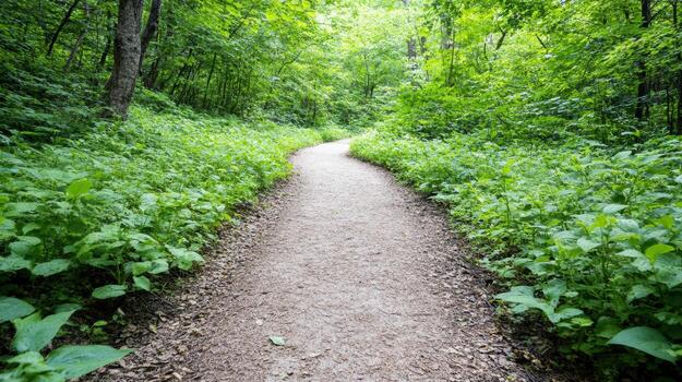 A path through a forest with green plants photo