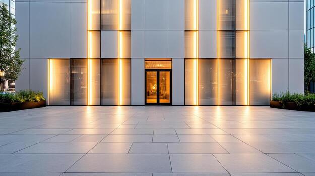 A modern building with lights on the outside photo