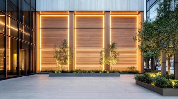 The entrance to a modern office building with a large window photo