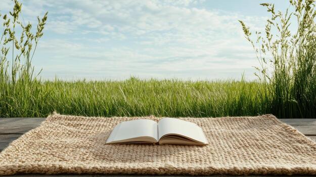 An open book on a table in front of a green field photo