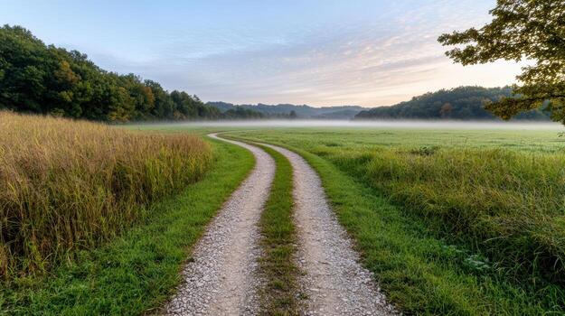 A dirt road leads to a grassy field with trees and fog photo