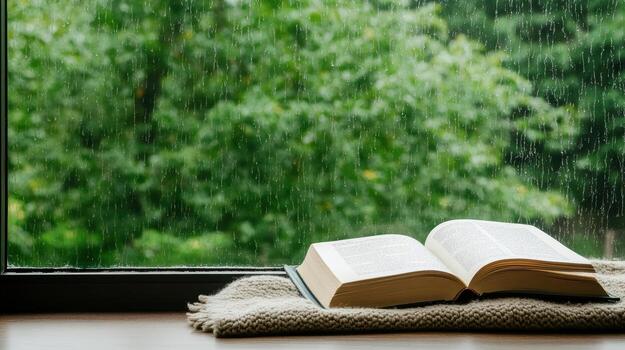 An open book on a wooden table in front of a window with rain photo