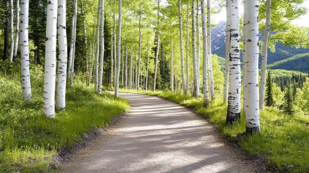 A path through a forest of aspen trees photo