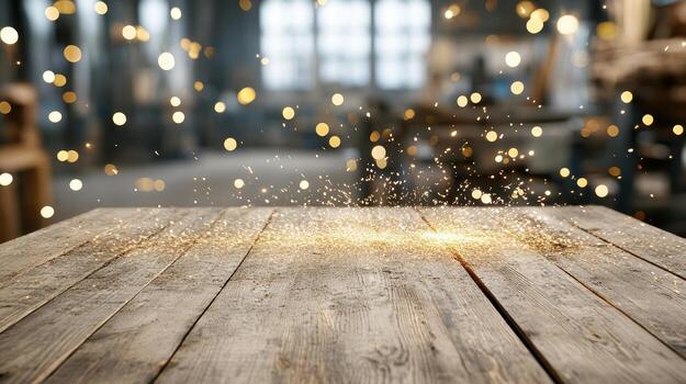 Wood table with sparks and lights photo