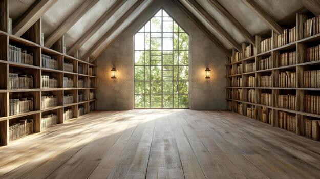 An empty room with bookshelves and a window photo