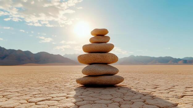 Stacked stones in the desert with the sun shining photo