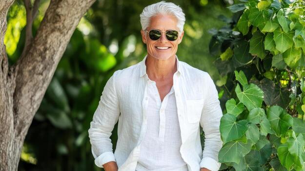 A man with white hair and sunglasses standing in front of a tree photo