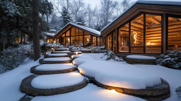 un Iniciar sesión cabina en el nieve con pasos líder a el frente puerta foto