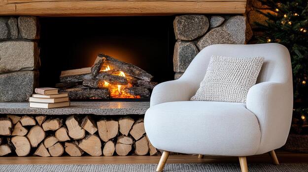 un hogar con un silla y un Iniciar sesión fuego foto