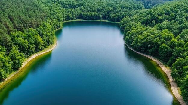 Aerial view of a lake surrounded by forest photo