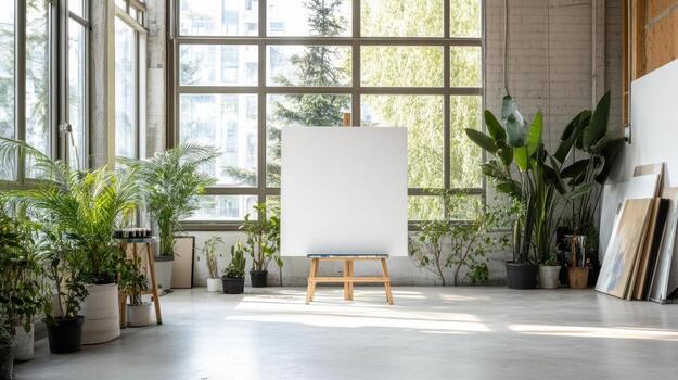 An empty room with a white canvas on a wooden easel photo