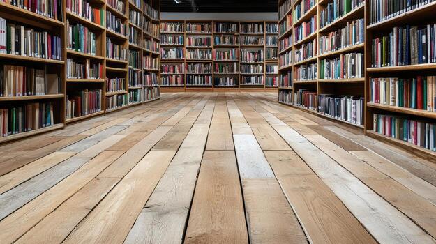 A long wooden floor in a library with many books photo