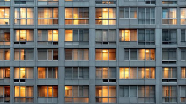 A building with many windows lit up at night photo