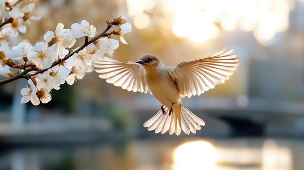 un pájaro volador terminado un floración árbol rama foto