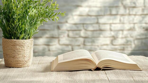 Open book and vase of grass on table photo