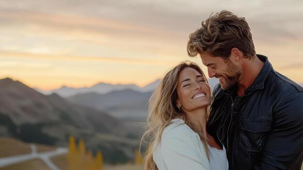 A man and woman are smiling at the camera while standing in front of a mountain photo