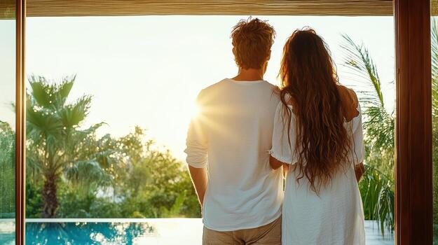 A couple standing in front of a pool looking out at the sun photo
