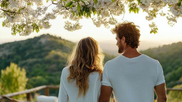 A man and woman standing under a tree with a flowering branch photo
