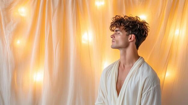 A man in a robe standing in front of a lighted backdrop photo