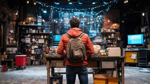 A man standing in front of a table with a backpack photo
