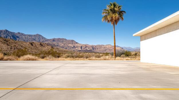 A white building with a palm tree in the desert photo