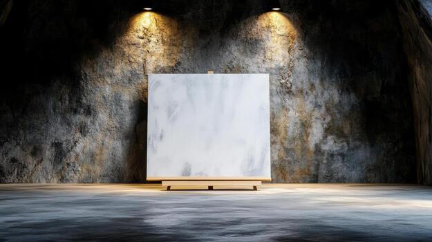 An empty room with a white canvas on a wooden stand photo