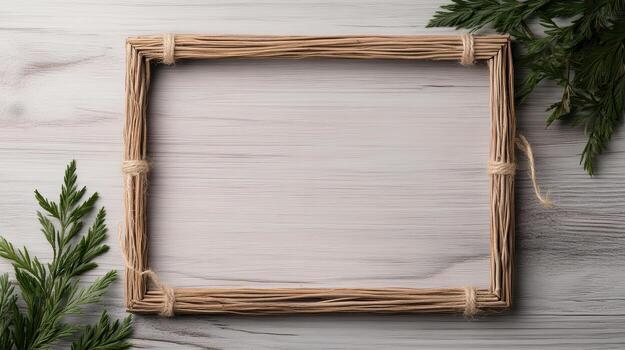 Wooden frame with green branches on a white background photo