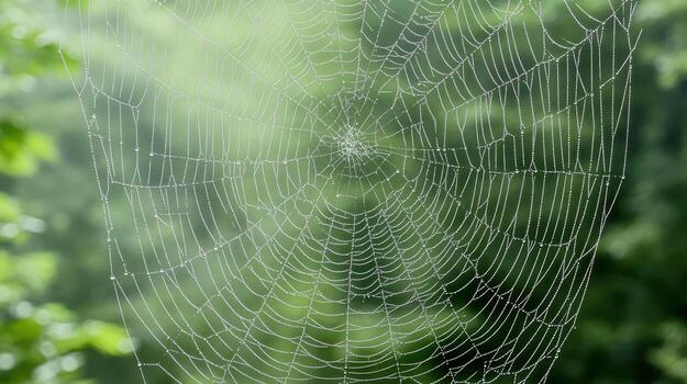 A spider web is shown in front of a green background photo