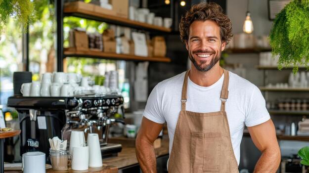 A smiling man in an apron standing in front of a coffee shop photo