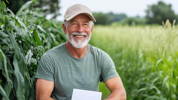 A smiling man holding a piece of paper in a field photo