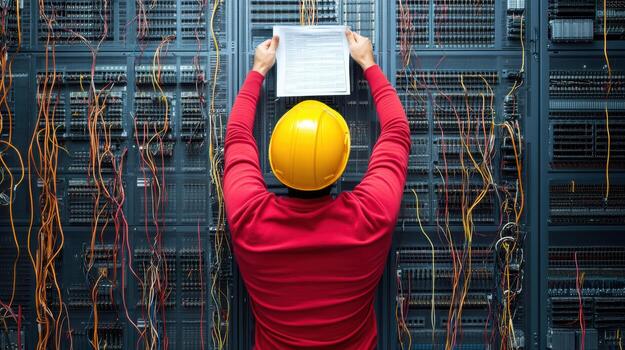 A man in a hard hat holding a piece of paper in front of a server photo