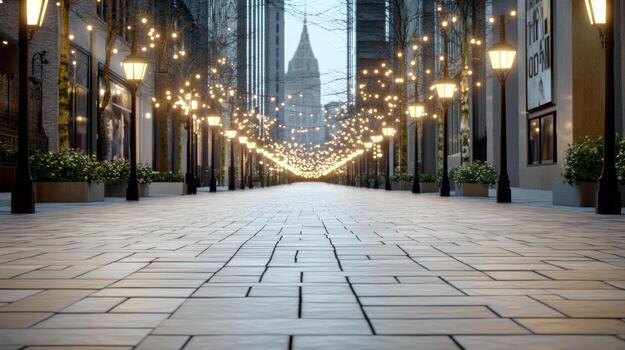 A city street with lights on it and a building in the background photo