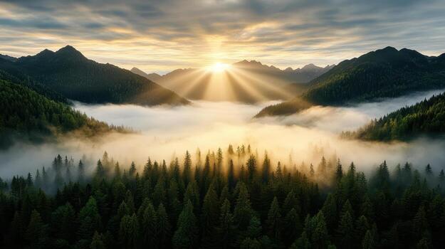 A beautiful sunrise over a forest with trees and fog photo