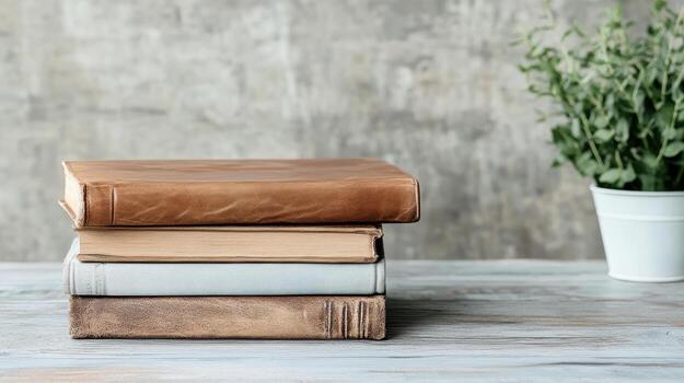Stack of old books on wooden table with grey wall background photo