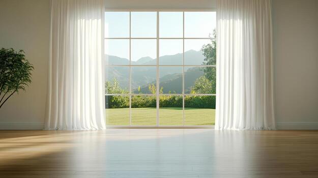 Empty room with a view of mountains and trees photo