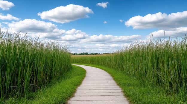 Path through tall grass and reeds photo