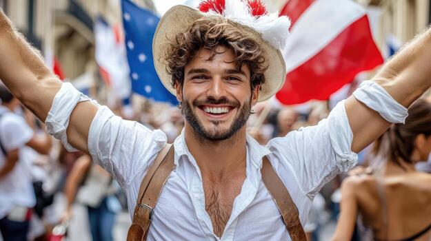 A man with a hat and a smile in front of a crowd photo