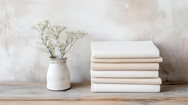 A stack of white sheets and a vase of flowers photo