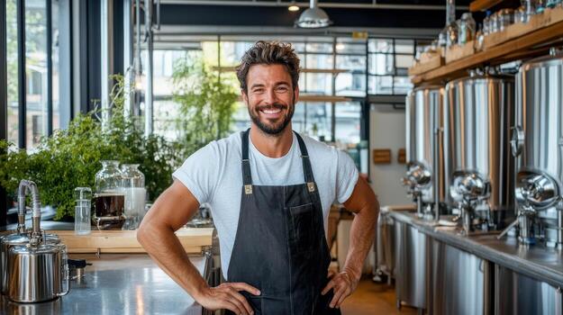 A man in an apron standing in front of a brewery photo