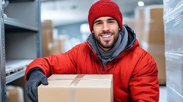 A man in a red jacket and hat is holding a box photo