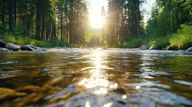 A river running through a forest with the sun shining photo