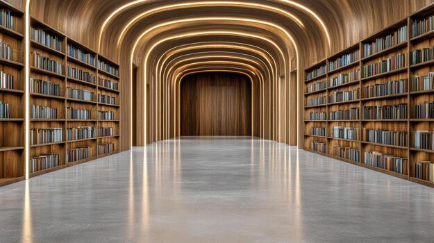 A long hallway with bookshelves and a light in the middle photo