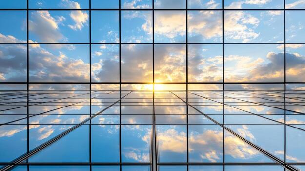 The sun is reflected in the windows of a building photo