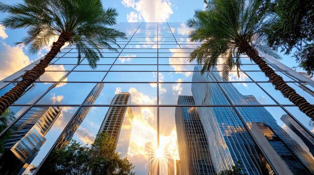 A view of a building with palm trees in front of it photo